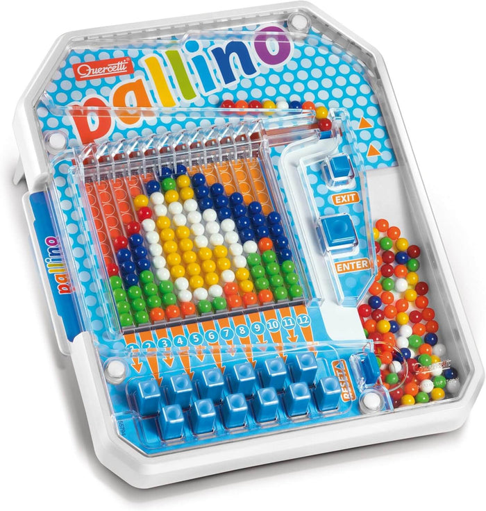 White game board with colorful beads in a mosaic pattern, clear screen, and 12 blue buttons at the base.