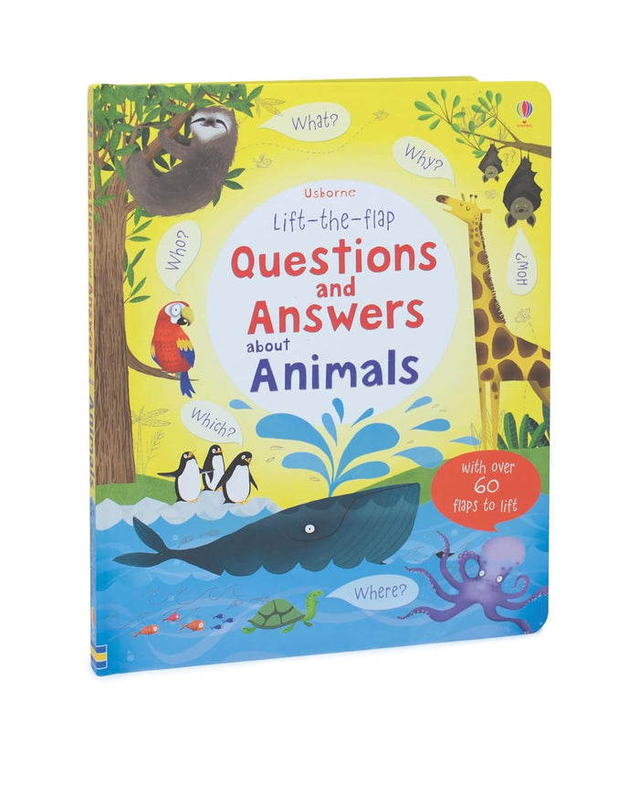 Bright yellow lift-the-flap book featuring colorful illustrations of a sloth, whale, and giraffe, with over 60 flaps.