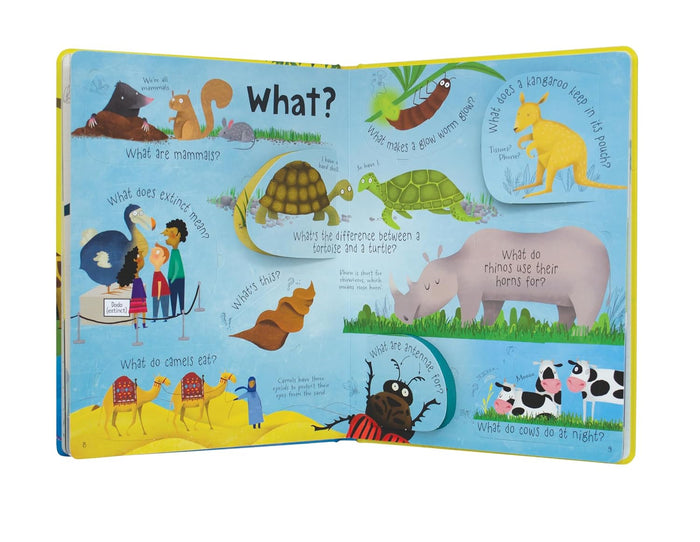 Open lift-the-flap children's book titled 'What?' with colorful animal illustrations and questions on blue pages.