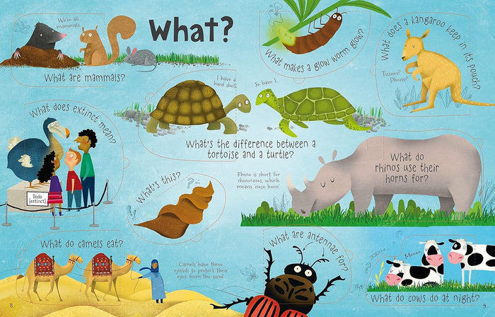 Vibrant children's book pages featuring colorful animal illustrations and educational questions on a blue background.