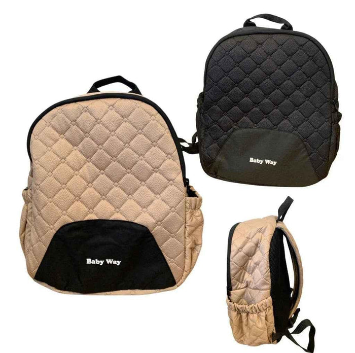 Beige quilted Baby Way NZ diaper backpack with multiple compartments, lightweight and designed for moms carrying baby essentials.