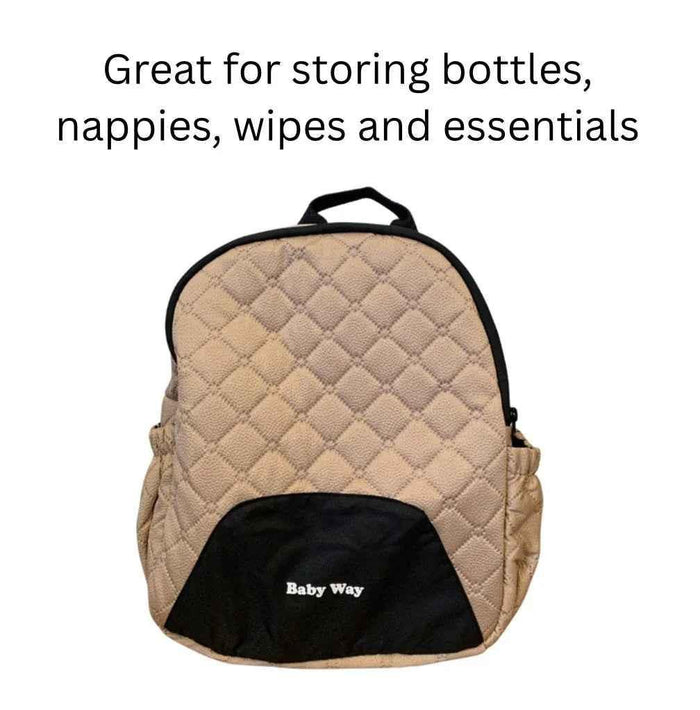 Beige quilted Baby Way NZ diaper bag, lightweight mommy backpack with multiple compartments for baby essentials.