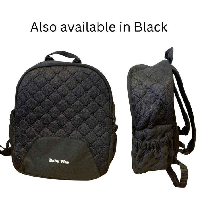 Beige quilted Baby Way NZ diaper backpack, lightweight mommy nappy bag with multiple compartments and adjustable straps.