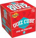 Bright red cube-shaped box with bold white Quiz Cube text, yellow Cheatwell logo, and a pattern of red question marks.