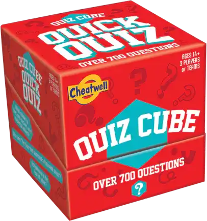 Bright red cube-shaped box with bold white Quiz Cube text, yellow Cheatwell logo, and a pattern of red question marks.