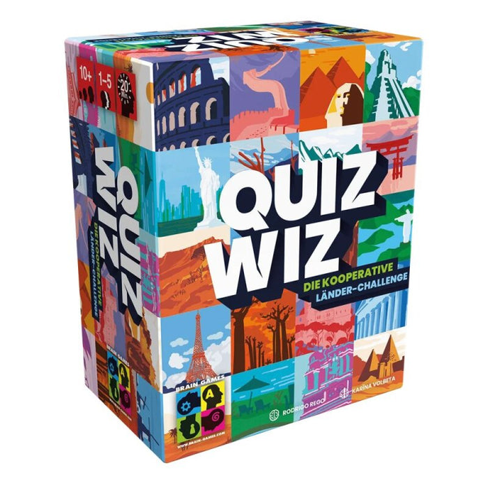 Square box featuring a colorful grid of world landmark illustrations and large white block lettering.