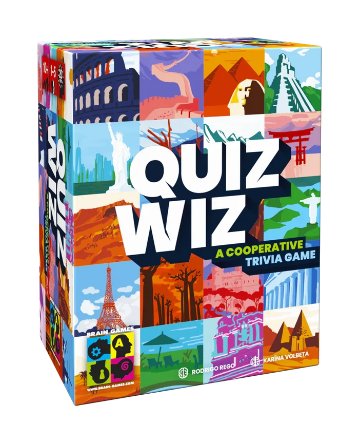 Colorful board game box with large white 3D text over a grid of world landmark illustrations like the Eiffel Tower.