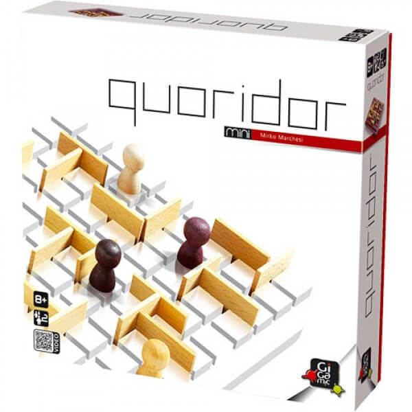 White board game box showing a grid board with light and dark wood pawns and wooden wall fences forming a maze.