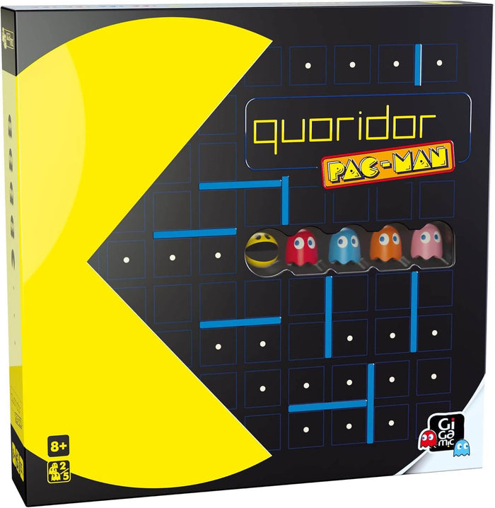 Box art with a large yellow Pac-Man on a blue grid and a window showing Pac-Man and ghost game pieces.