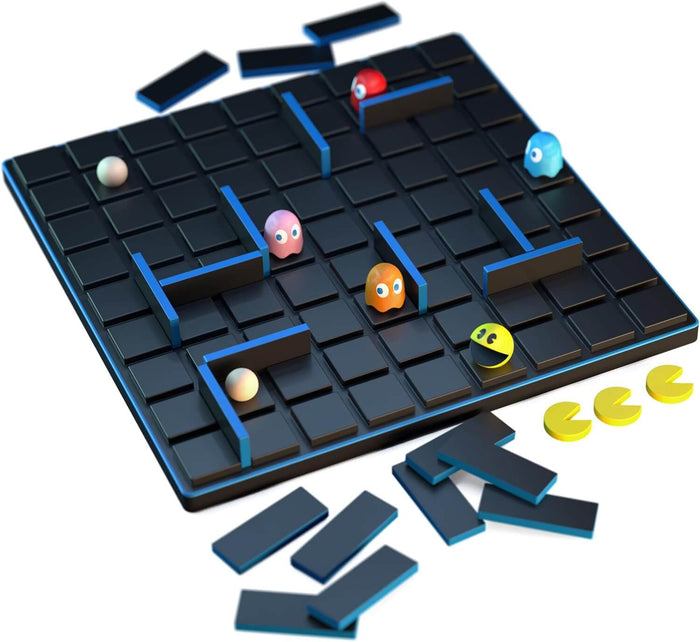 Pac-Man and four ghosts on a black grid board with blue-rimmed walls, white pellets, and extra game pieces.