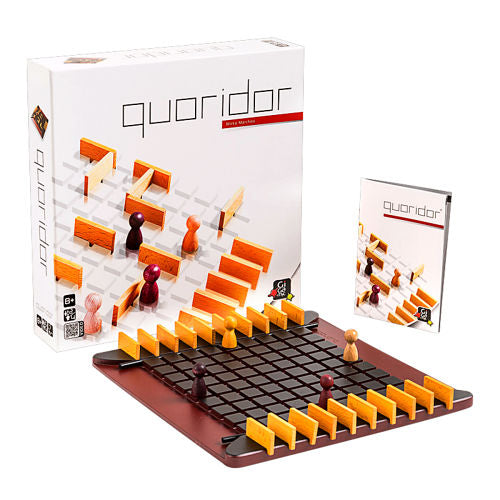 Quoridor board game set with a white box, dark square grid board, colored wooden pawns, and rectangular wall pieces.