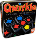 Black tin for Qwirkle game showing glossy black tiles with vibrant red, blue, and yellow geometric shapes.