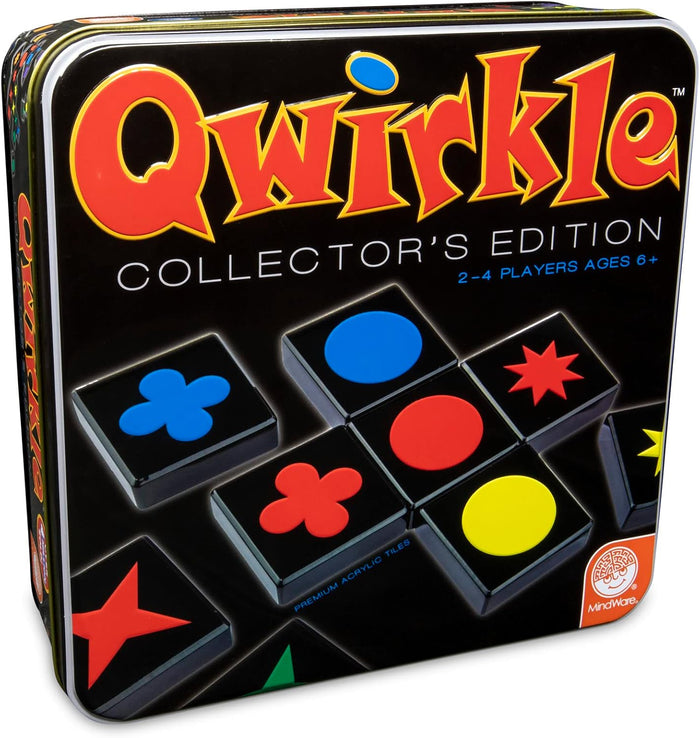Black tin for Qwirkle game showing glossy black tiles with vibrant red, blue, and yellow geometric shapes.