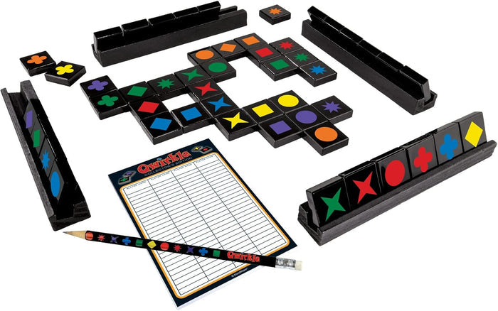 Black wooden tiles with vibrant shapes, four tile racks, a scorepad, and a pencil for Qwirkle Collector's Edition.