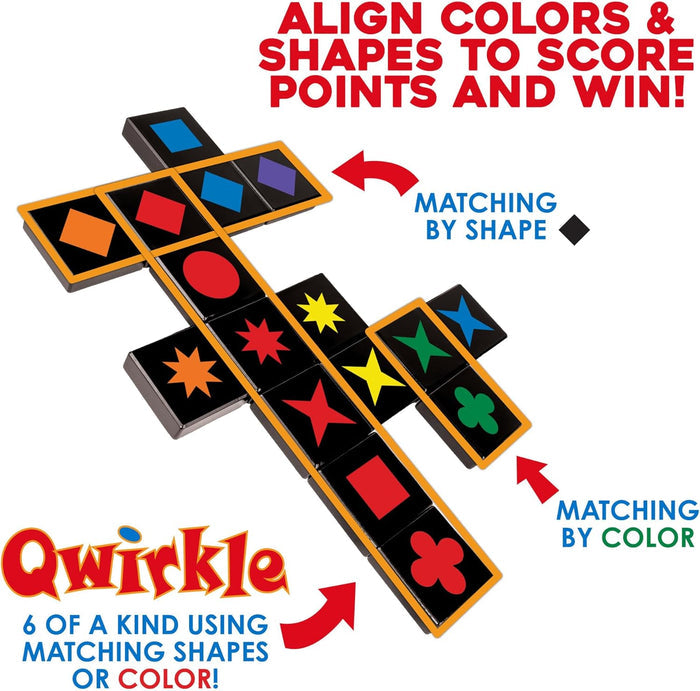 Black wooden tiles with colorful shapes arranged to show gameplay, with text explaining matching rules.