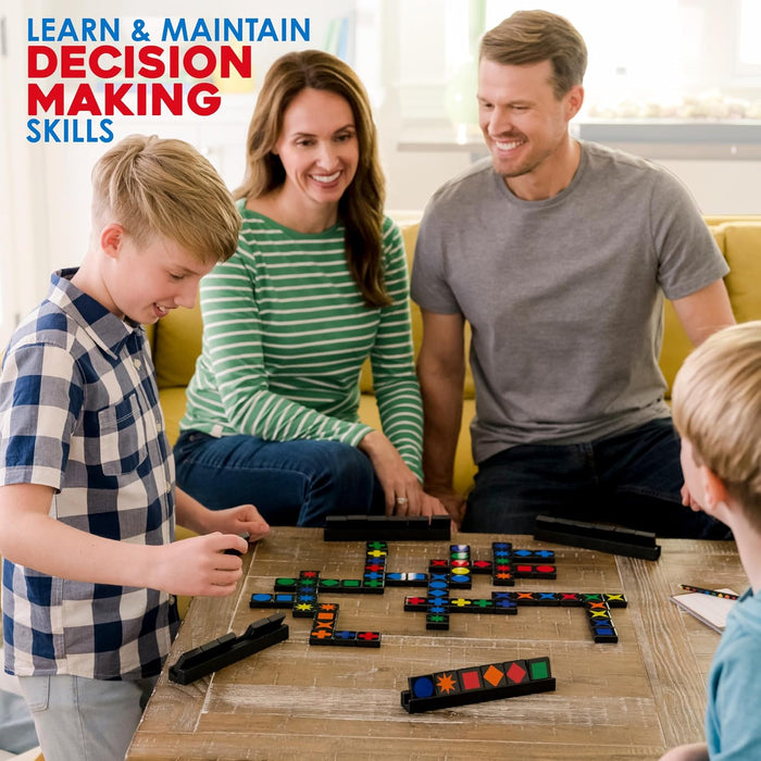 Family playing a board game with colorful wooden tiles featuring shapes like stars and circles on a wooden table.