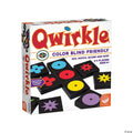 White Qwirkle box showing black tiles with colorful shapes and unique interior patterns for color blind visibility.
