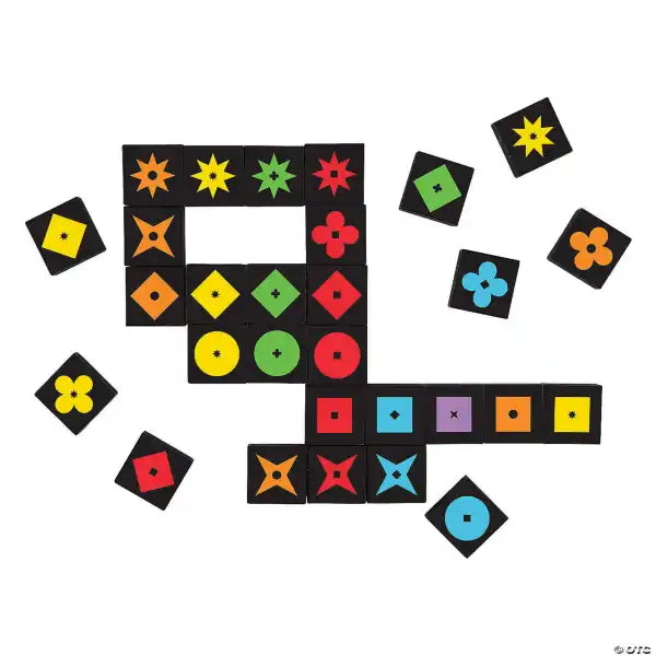 Black tiles with colorful shapes and unique inner symbols for color-blind accessibility, arranged in a game layout.