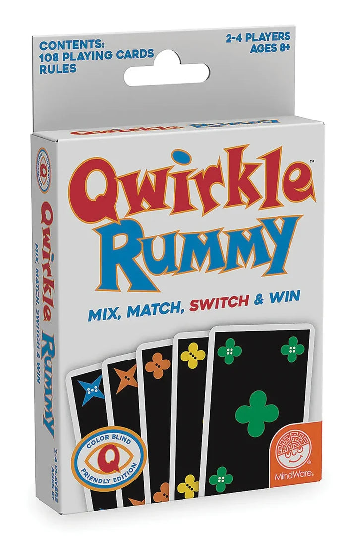 Qwirkle Rummy box showing black cards with colorful geometric shapes and a color blind friendly edition badge.