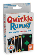 Qwirkle Rummy box showing black cards with colorful geometric shapes and a color blind friendly edition badge.