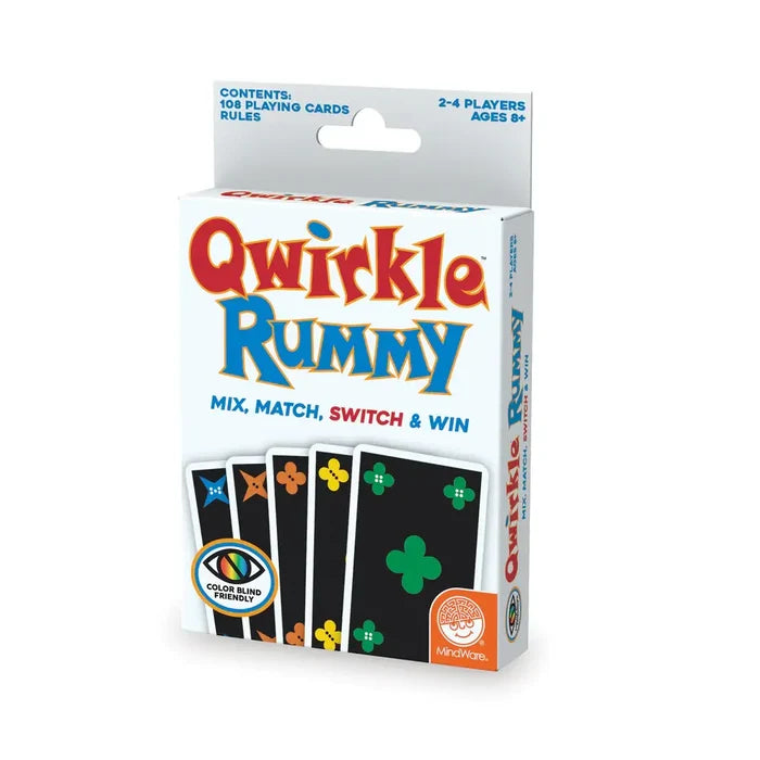 White box for Qwirkle Rummy featuring black cards with colorful shapes and a rainbow Color Blind Friendly eye icon.