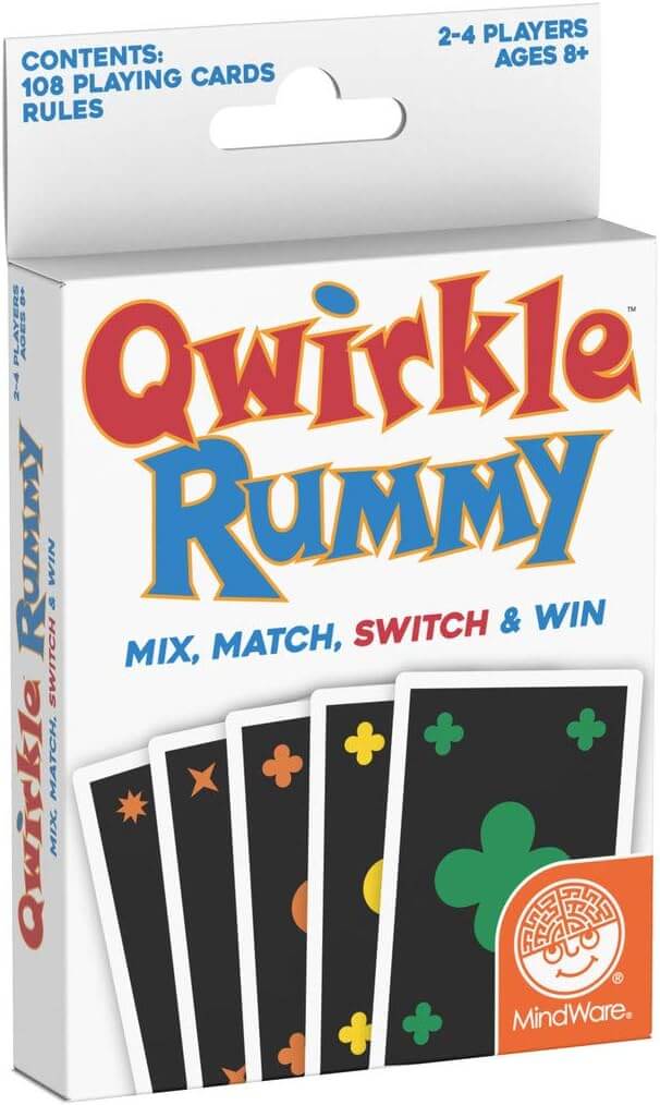 White Qwirkle Rummy game box with red and blue title text above four black cards showing colorful geometric symbols.