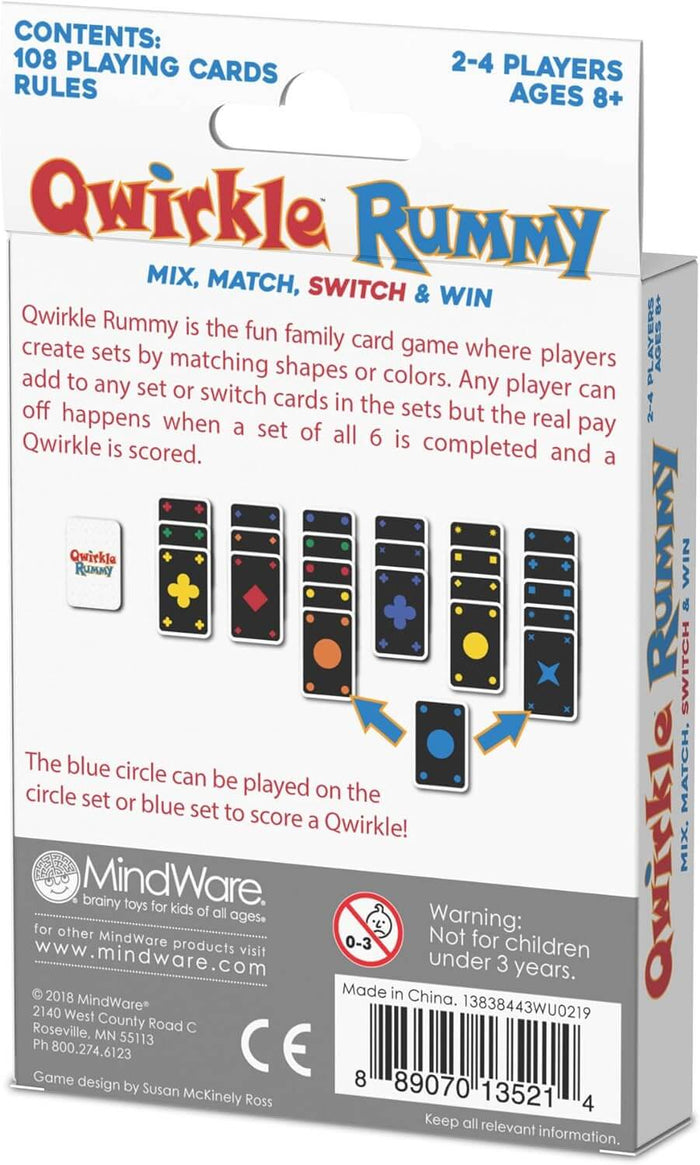 Back of a white Qwirkle Rummy box showing game rules and illustrations of black cards with colorful geometric symbols.