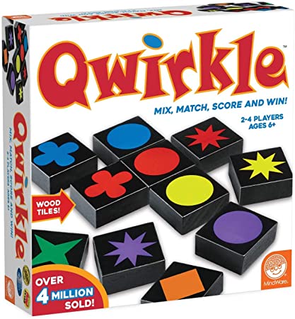 Qwirkle board game box showing black wooden tiles with colorful shapes like stars, circles, and diamonds.
