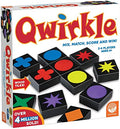 Qwirkle board game box showing black wooden tiles with colorful shapes like stars, circles, and diamonds.