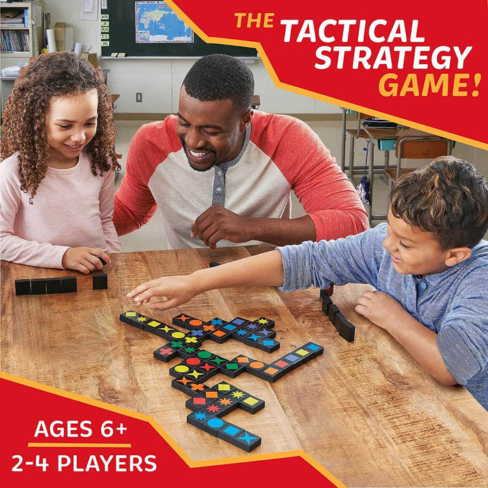 An adult and two kids play a strategy game with black wooden tiles and colorful geometric shapes on a wooden table.