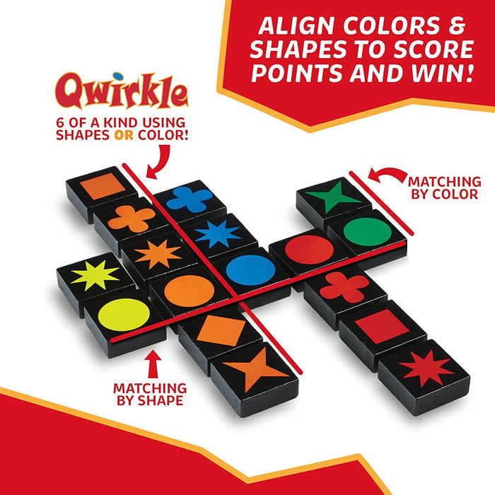 Black tiles with colorful shapes arranged in intersecting lines illustrating shape and color matching rules.