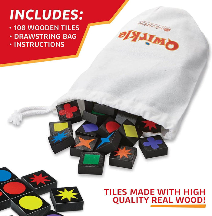 Black wooden tiles with colorful stars and shapes spilling from a white drawstring bag labeled Qwirkle.