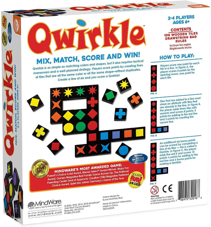 White game box with red logo and illustrations of black wooden tiles with colorful shapes like stars and circles.