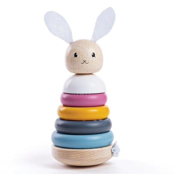 Wooden stacking toy with a rabbit head, felt ears, and colorful rings in white, pink, yellow, grey, and blue.
