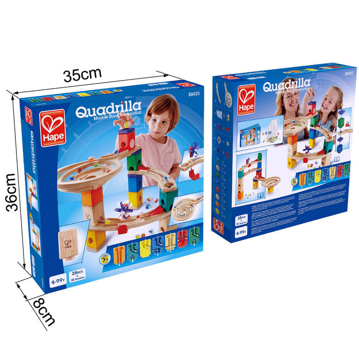 Packaging for a wooden marble run with colorful blocks and tracks, including dimensions of 35cm x 36cm x 8cm.