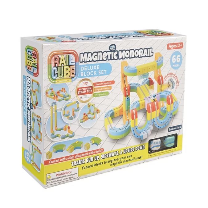 Box showing a 66-piece magnetic monorail set with colorful, curved tracks forming vertical loops and spirals.
