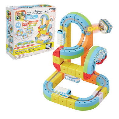 Colorful magnetic monorail toy with blue curved tracks, yellow blocks, and white bullet trains, next to its product box.