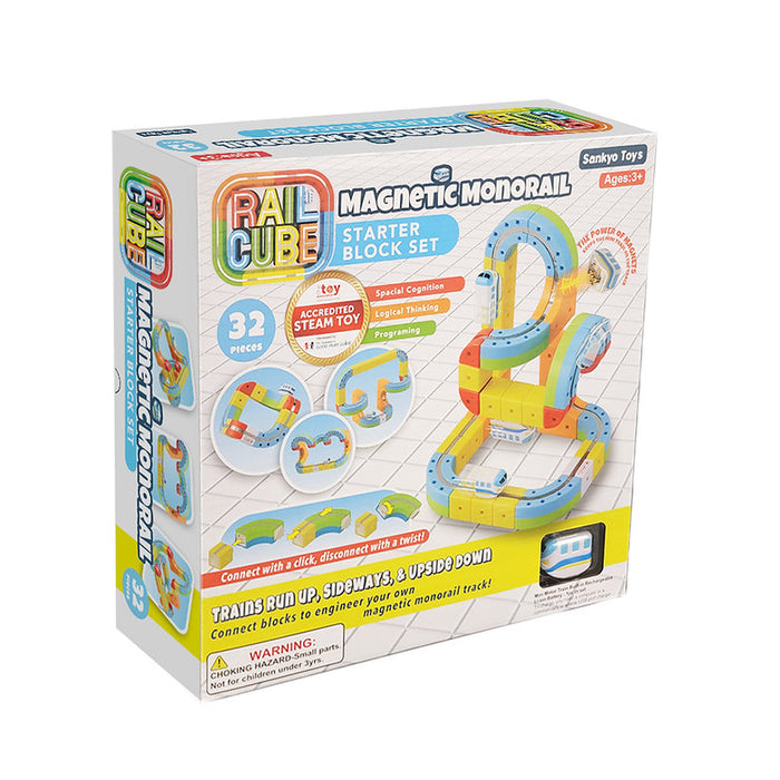 Packaging for a 32-piece magnetic toy set featuring yellow and blue blocks built into a 3D vertical monorail track.
