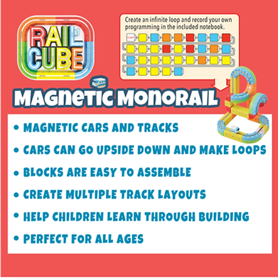 Colorful magnetic monorail with looped tracks, a toy car, and a programming block diagram on a bright red background.