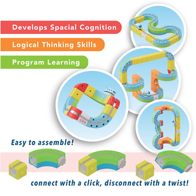 Colorful snap-together cubes and curved tracks forming 3D toy train paths. Text highlights educational benefits.