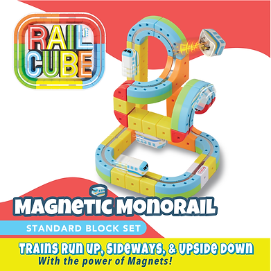 Colorful magnetic monorail set with multi-colored blocks. Toy trains run vertically, sideways, and upside down.