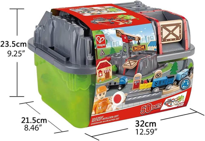 Green storage bucket with a rocky grey lid showing a 50-piece toy train set and product dimensions.