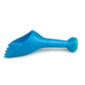 Bright blue plastic toy shovel with a wavy-edged scoop and an ergonomic handle ending in a rounded green cap.