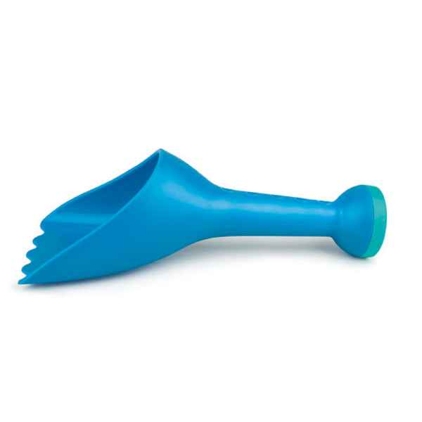 Bright blue plastic toy shovel with a wavy-edged scoop and an ergonomic handle ending in a rounded green cap.