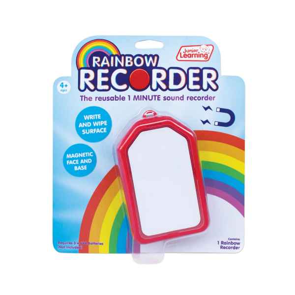 Red voice recorder with white dry-erase surface on colorful rainbow packaging featuring magnetic face and base.