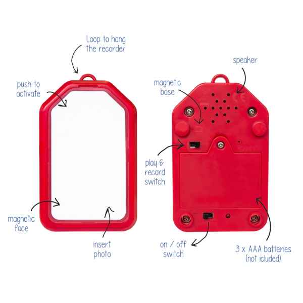 Red house-shaped voice recorder with a front photo frame and back view showing speaker and control switches.