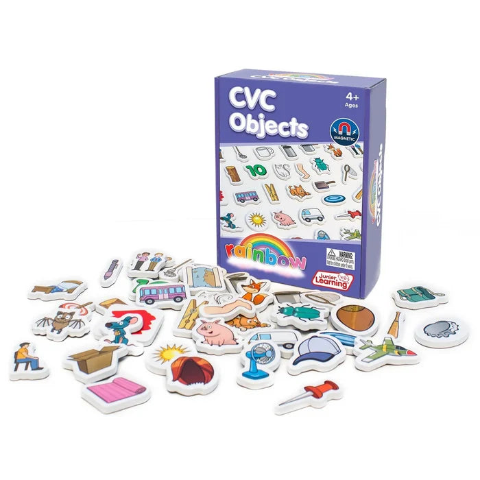 Purple box labeled CVC Objects with colorful illustrated magnetic tiles of simple items scattered in front.