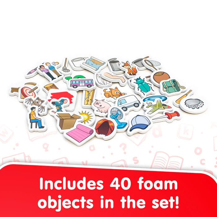 Colorful foam objects like a fox and pig with a red banner stating 40 objects are included in the set.