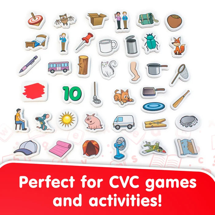 Colorful illustrated magnets showing items like a cat, pig, and sun above a red banner with white text.