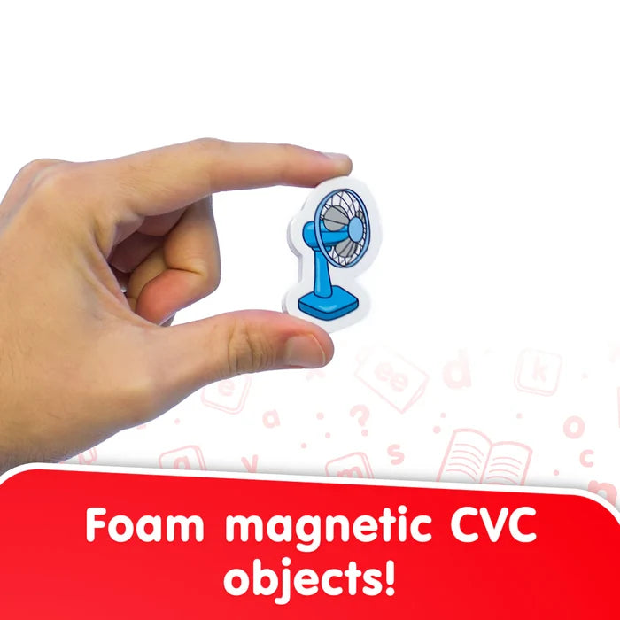 Hand holding a blue fan foam magnet. Text on a red banner says Foam magnetic CVC objects.